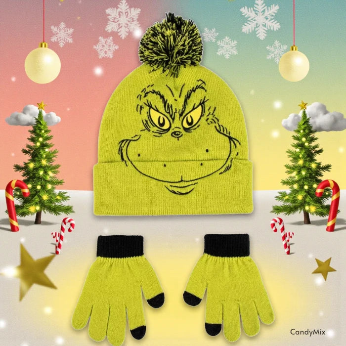 Bonnet avec Pompons + Gants Grinch pour Enfants