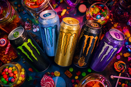 Assortiment de canettes Monster Energy : Original, Ultra Blue, Ultra Gold, Java Salted Caramel, Ultra Violet sur fond candy shop coloré