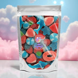 Mezcla de caramelos azules, blancos y rojos.