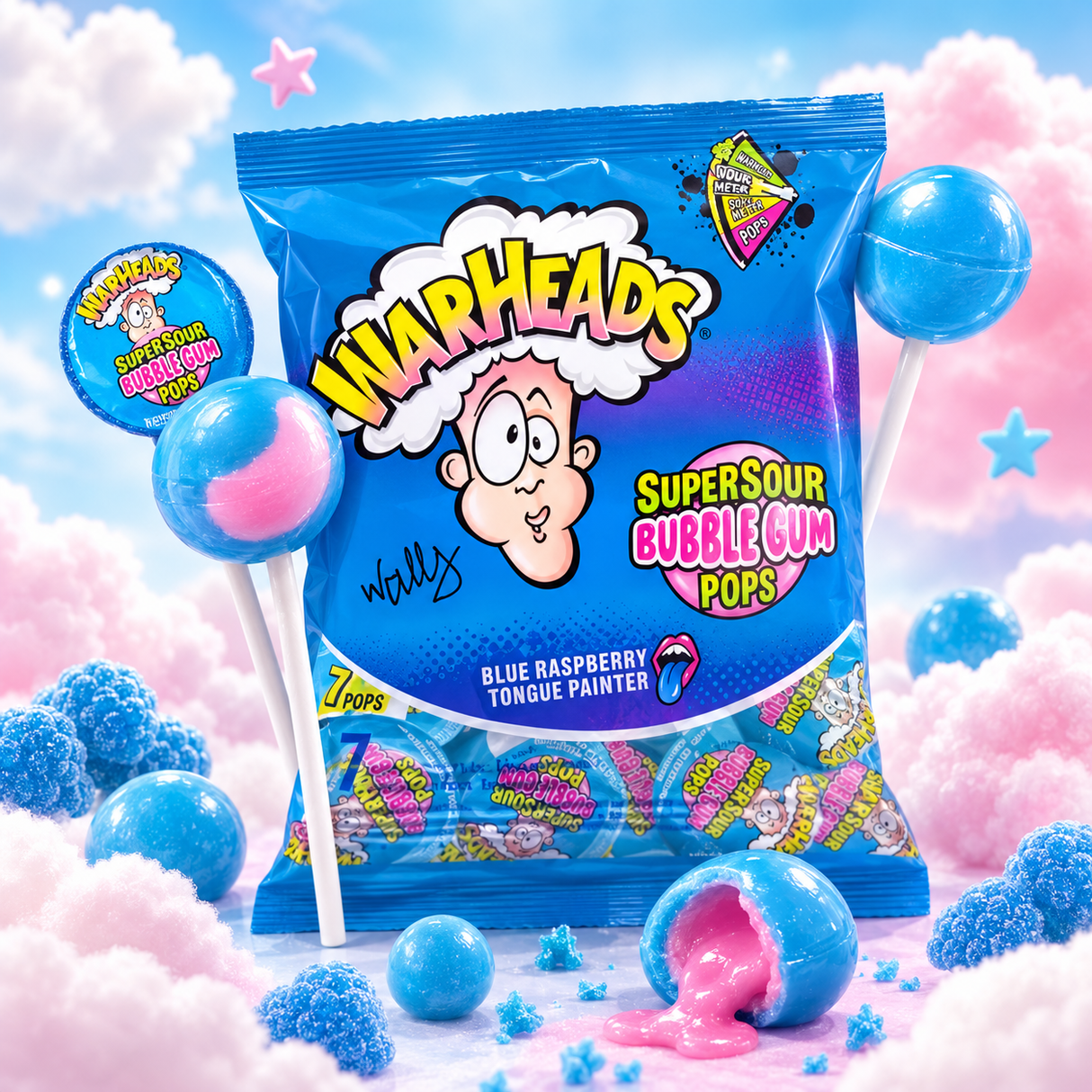 Warheads Super Sour Bubble Gum Pops Blue Raspberry 105 g