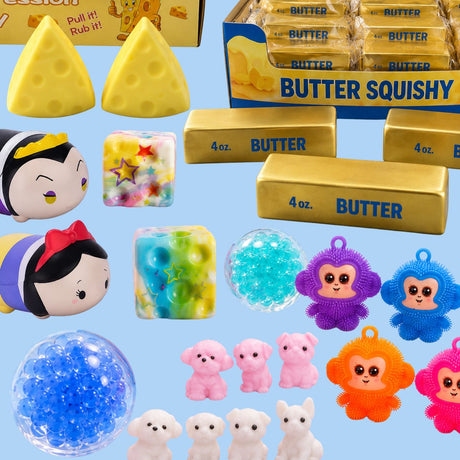 Sélection de squishies anti-stress CandyMix : fromage, beurre, personnages, chiots, singes et balles à billes